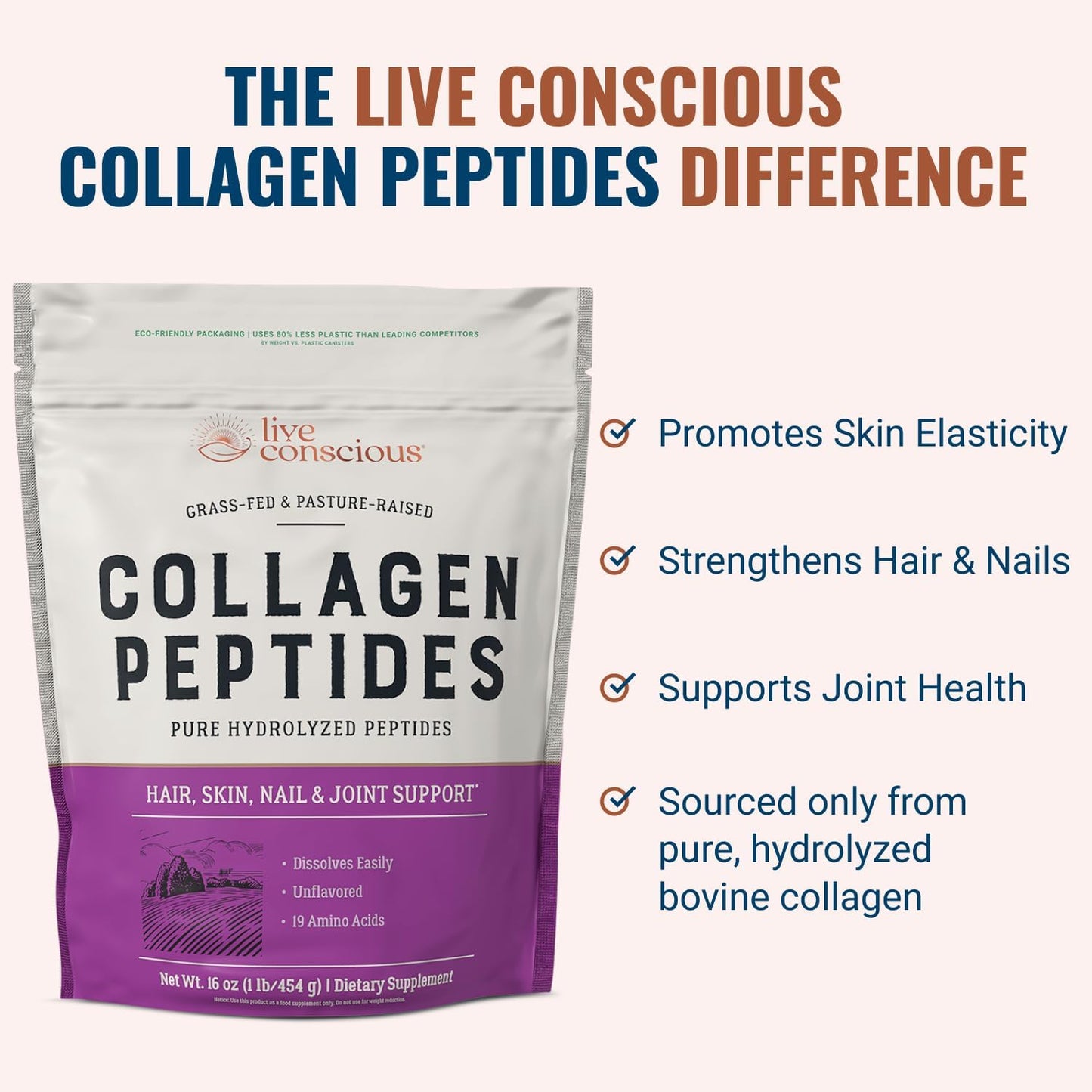 Collagen Peptides Powder - Naturally-Sourced Hydrolyzed Collagen Powder - Hair, Skin, Nail, and Joint Support - Type I & III Grass-Fed Collagen Supplements for Women and Men - 16Oz